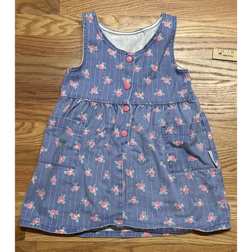 VTG Healthtex Denim Dress Floral Cottagecore Rose AOP Button Girls Size 5